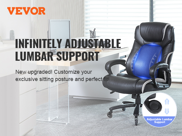 VEVOR executive office chair with infinitely adjustable lumbar support, set in a modern office space.