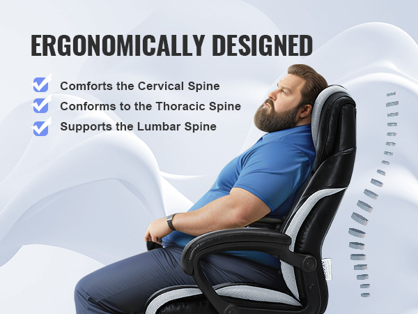 ergonomically designed VEVOR executive office chair supporting cervical, thoracic, and lumbar spine.