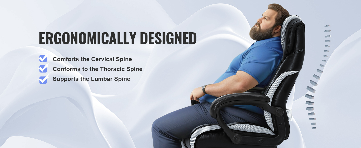ergonomically designed VEVOR executive office chair supporting cervical, thoracic, and lumbar spine.