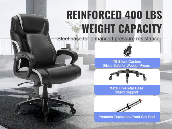VEVOR executive office chair, 400 lbs weight capacity, metal five-star base, pu silent casters.