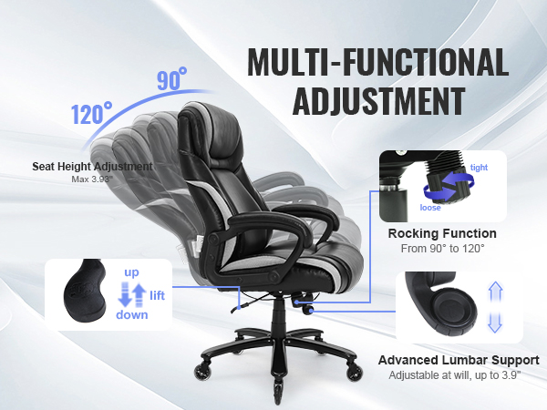 VEVOR executive office chair with multi-function adjustment, rocking function, and advanced lumbar support.