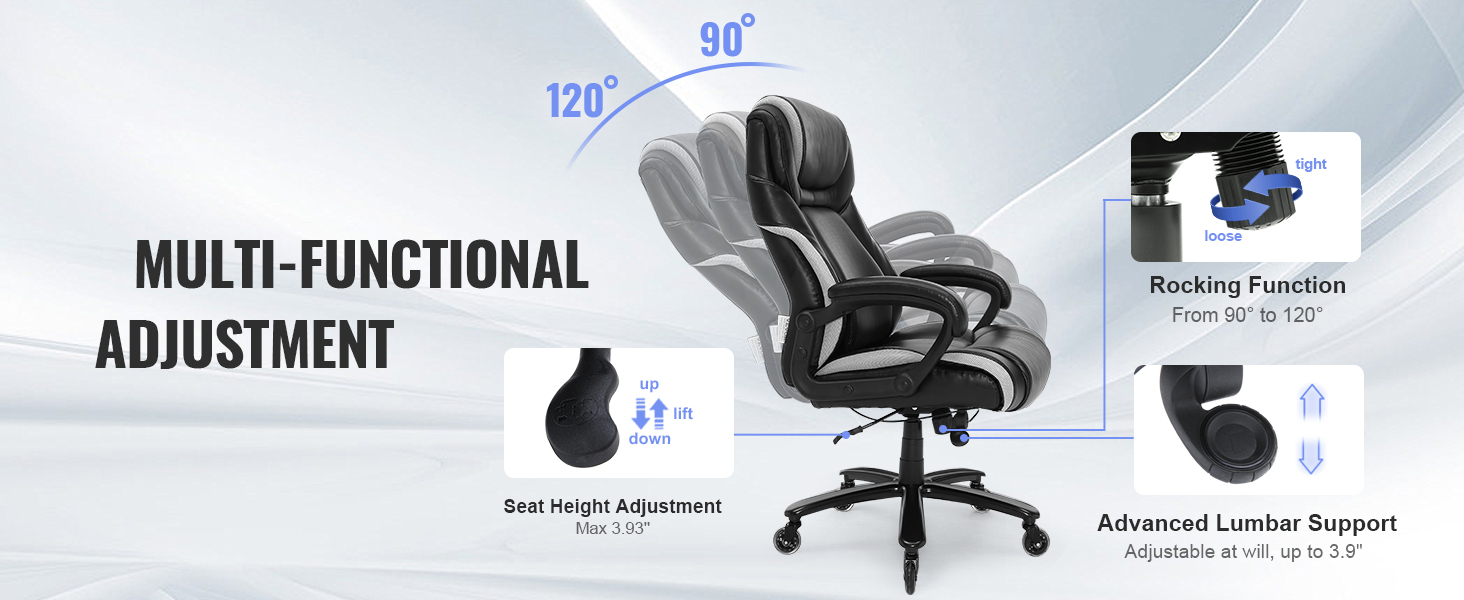 VEVOR executive office chair with multi-function adjustment, rocking function, and advanced lumbar support.