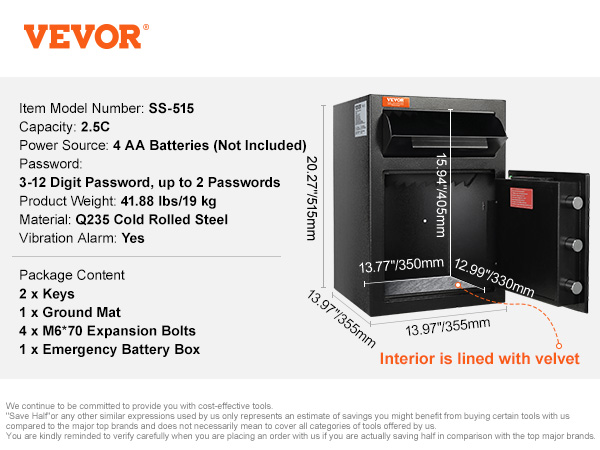 VEVOR depository safe ss-515 with velvet interior, 2.5c capacity, and battery-powered lock.