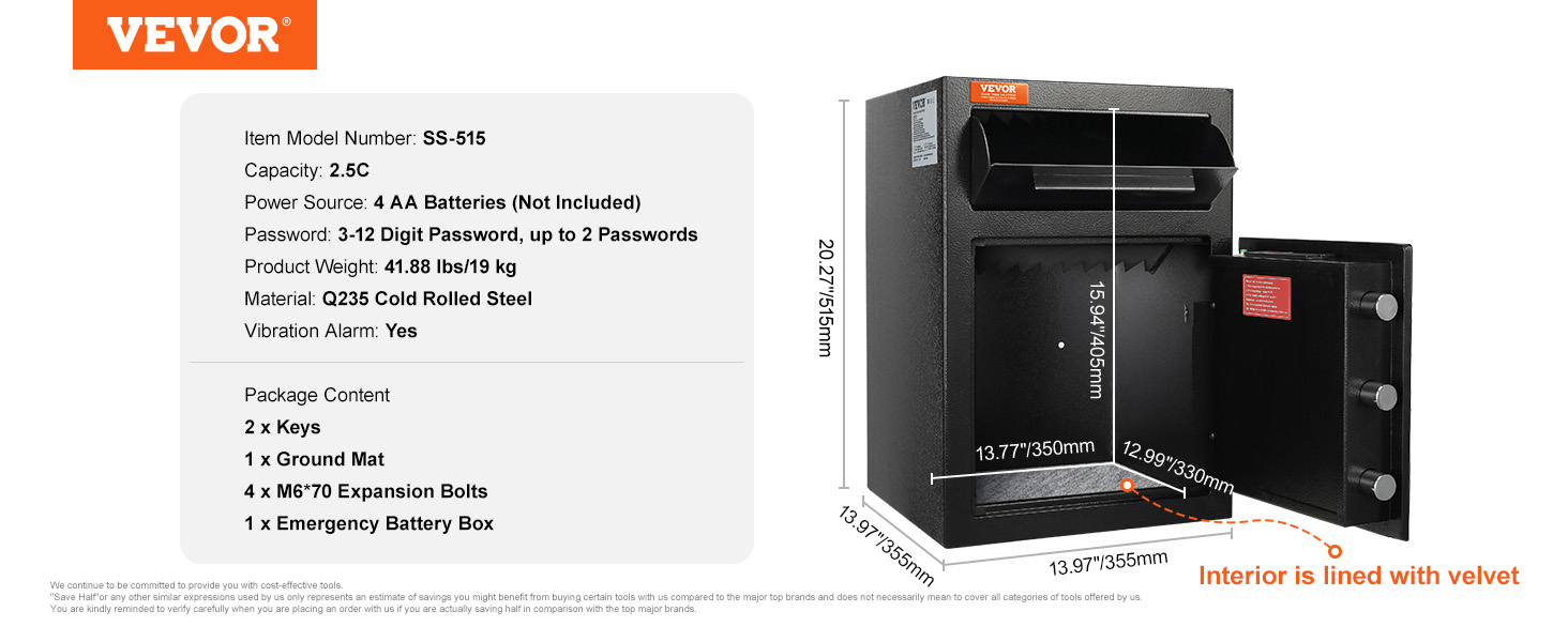 VEVOR depository safe ss-515 with velvet interior, 2.5c capacity, and battery-powered lock.