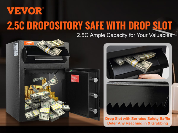 VEVOR depository safe with drop slot, storing cash bundles and gold, serrated safety baffle visible.