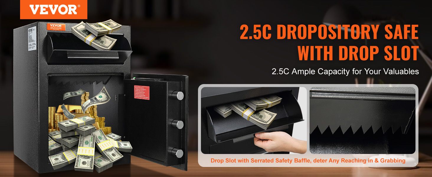 VEVOR depository safe with drop slot, storing cash bundles and gold, serrated safety baffle visible.