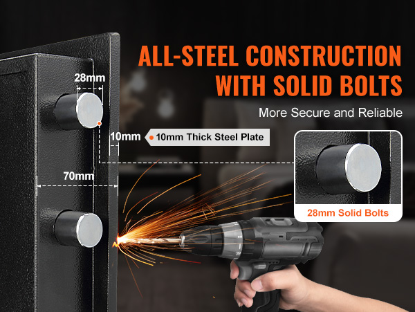 VEVOR depository safe with all-steel construction, solid bolts, and 10mm thick steel plate.