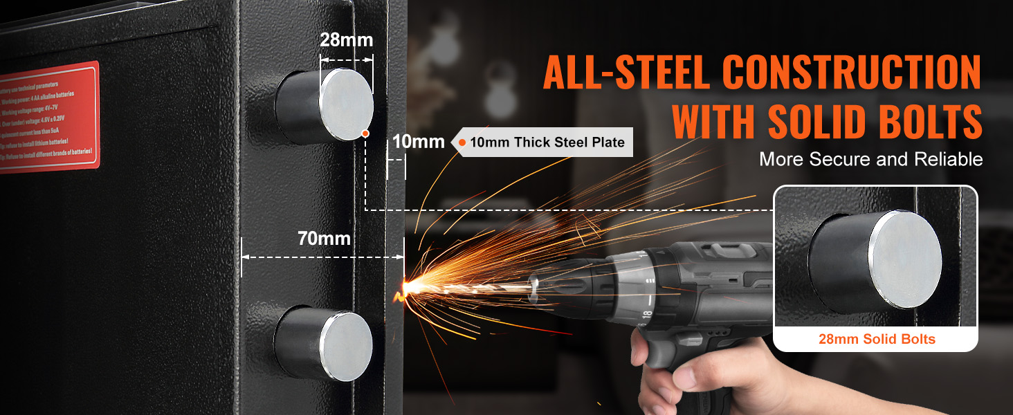 VEVOR depository safe with all-steel construction, solid bolts, and 10mm thick steel plate.