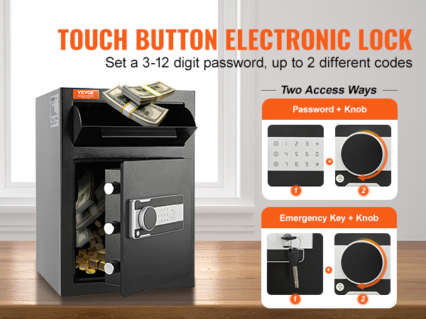 VEVOR depository safe with touch button electronic lock, bundles of cash inside, and dual access methods.