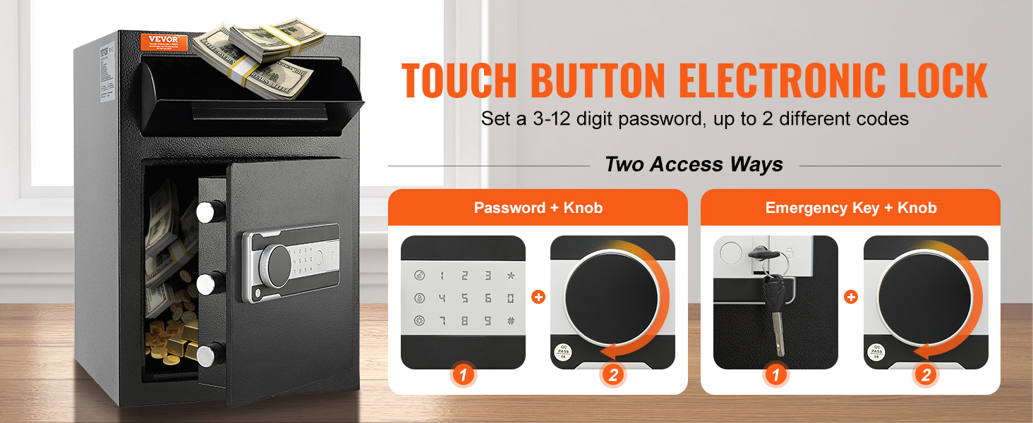 VEVOR depository safe with touch button electronic lock, bundles of cash inside, and dual access methods.