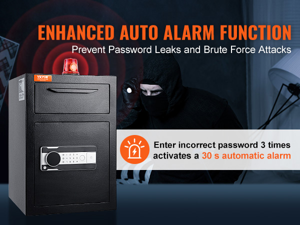 VEVOR depository safe with enhanced auto alarm function to prevent password leaks and brute force attacks.