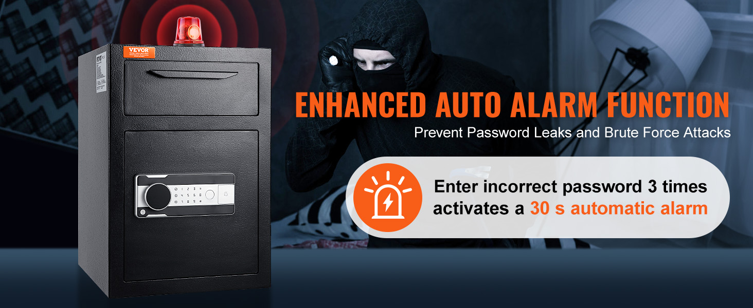 VEVOR depository safe with enhanced auto alarm function to prevent password leaks and brute force attacks.