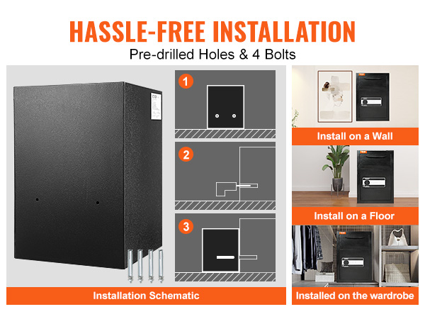 install a VEVOR depository safe easily on a wall, floor, or wardrobe with pre-drilled holes and bolts.