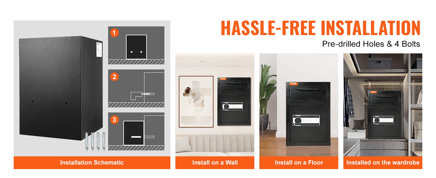 install a VEVOR depository safe easily on a wall, floor, or wardrobe with pre-drilled holes and bolts.
