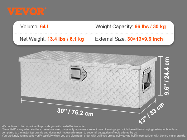 VEVOR aluminum truck bed tool box with 64l volume, 66 lbs capacity. dimensions: 30x13x9.6 inches.