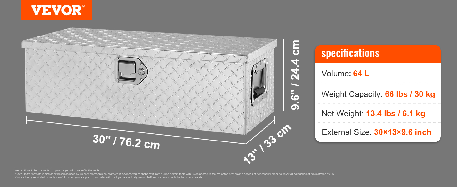 VEVOR aluminum truck bed tool box with 64l volume, 66 lbs capacity. dimensions: 30x13x9.6 inches.