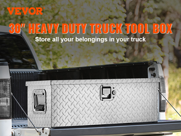 VEVOR aluminum truck bed tool box in the back of a white truck, perfect for storing tools securely.