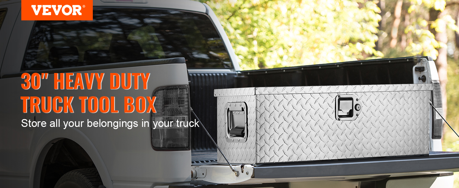 VEVOR aluminum truck bed tool box in the back of a white truck, perfect for storing tools securely.