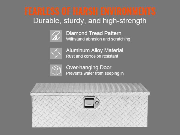 VEVOR aluminum truck bed tool box with diamond tread, rust-resistant aluminum, and weatherproof over-hanging door.