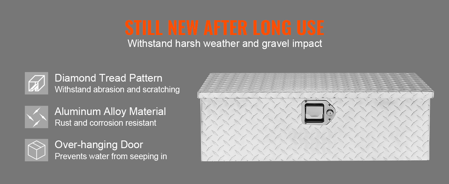 VEVOR aluminum truck bed tool box with diamond tread, rust-resistant aluminum, and weatherproof over-hanging door.