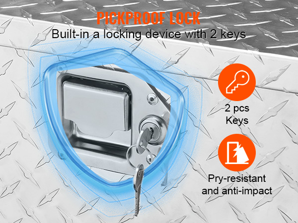 VEVOR aluminum truck bed tool box with pickproof lock, built-in keys, and pry-resistant features.