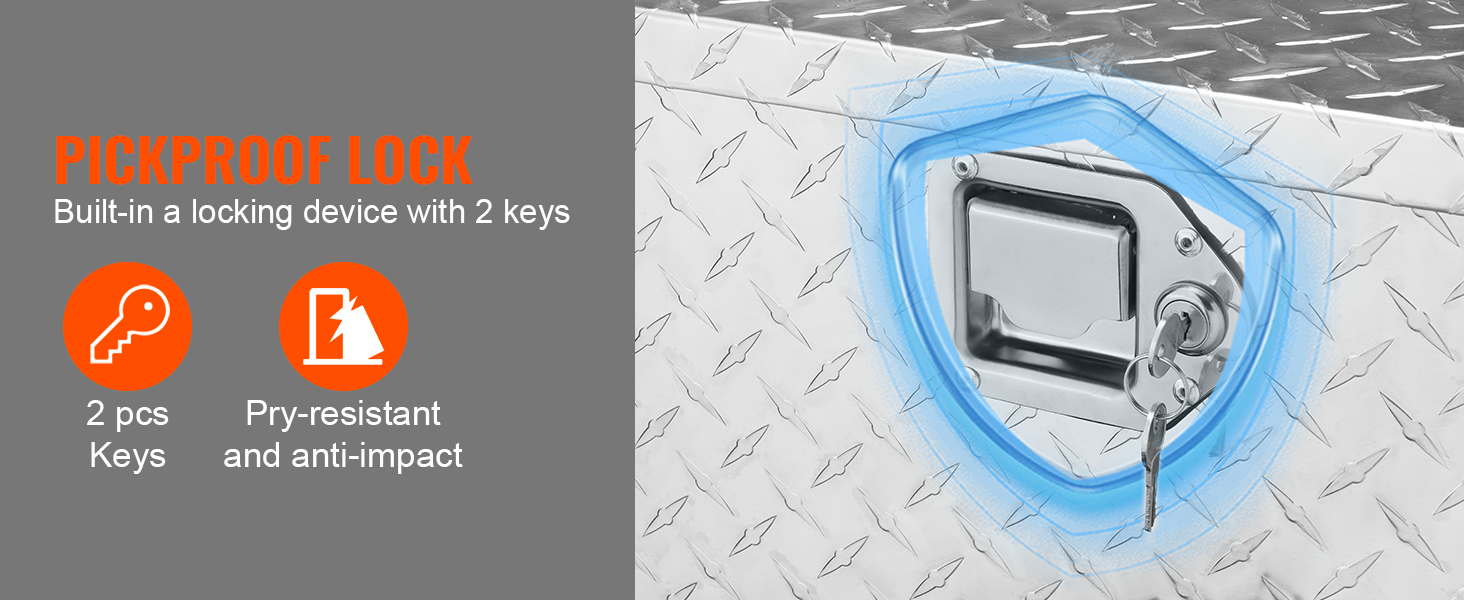 VEVOR aluminum truck bed tool box with pickproof lock, built-in keys, and pry-resistant features.