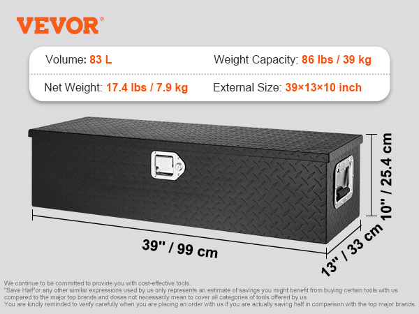 VEVOR truck bed tool box dimensions with specifications: 39x13x10 in, 83l volume, 86 lbs capacity.