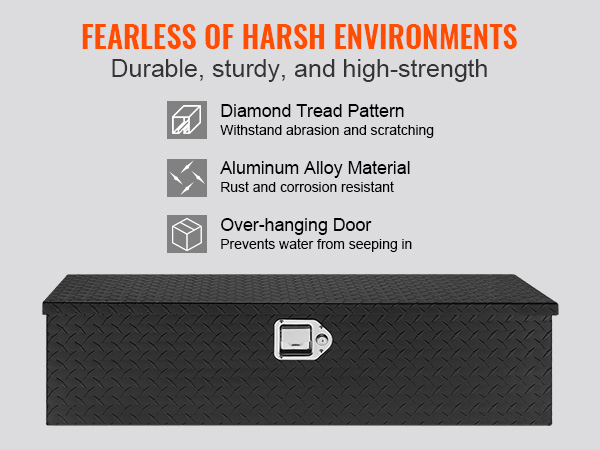 black VEVOR truck bed tool box with diamond tread pattern, aluminum alloy material, and over-hanging door.