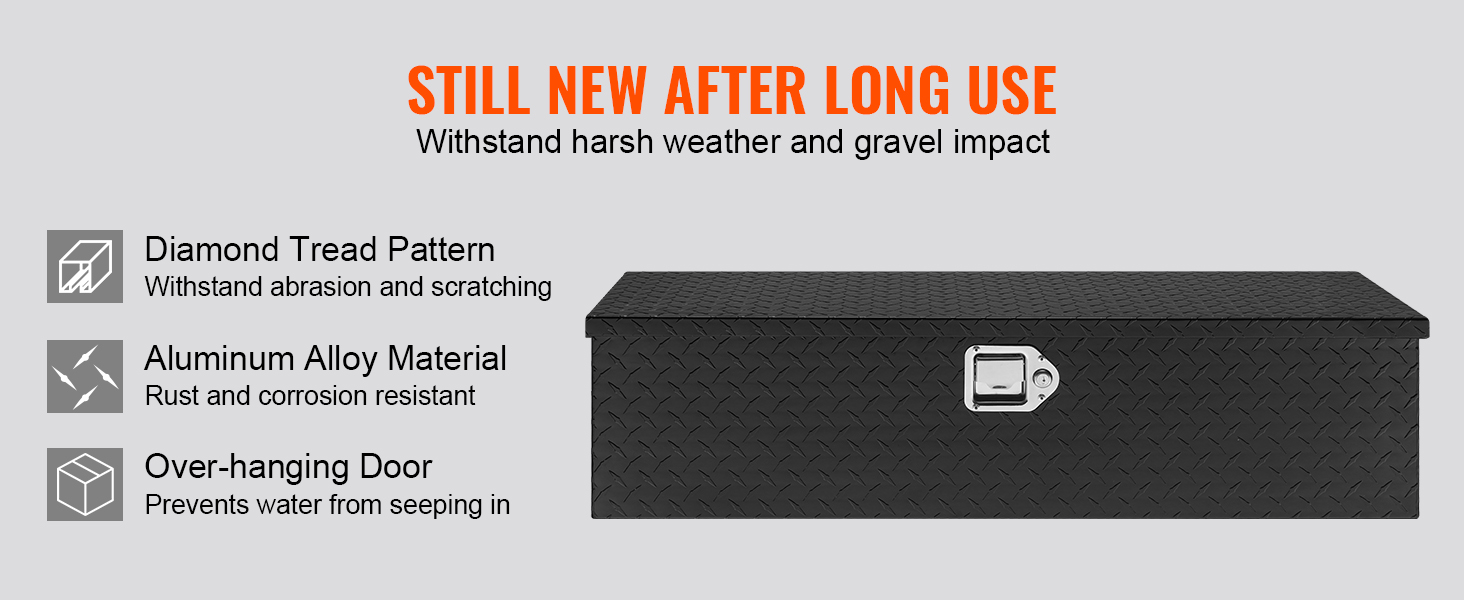 black VEVOR truck bed tool box with diamond tread pattern, aluminum alloy material, and over-hanging door.