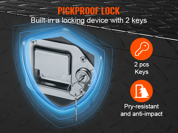 VEVOR truck bed tool box with pickproof lock, featuring 2 keys, pry-resistant and anti-impact.