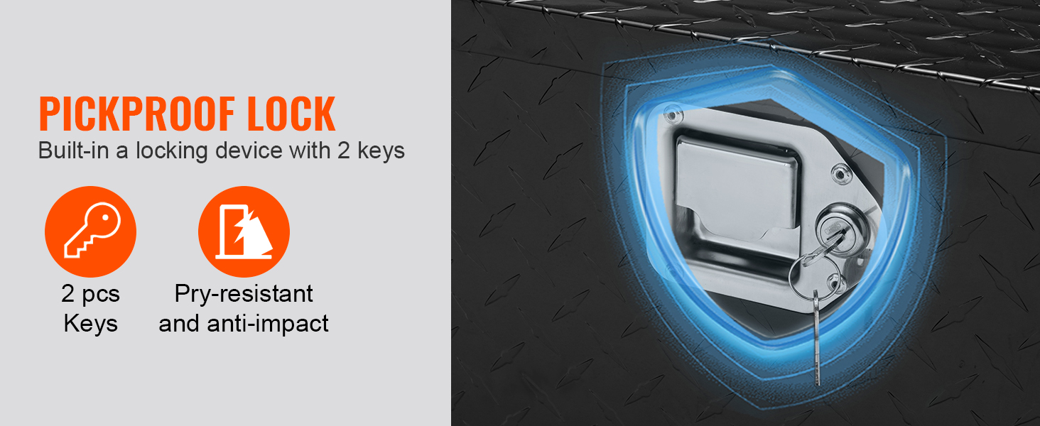 VEVOR truck bed tool box with pickproof lock, featuring 2 keys, pry-resistant and anti-impact.