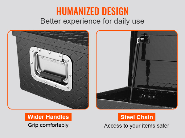 wider handles and steel gas strut details of the VEVOR truck bed tool box with humanized design.