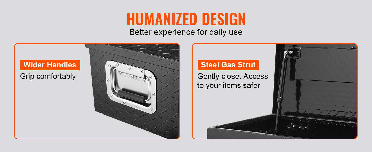 wider handles and steel gas strut details of the VEVOR truck bed tool box with humanized design.