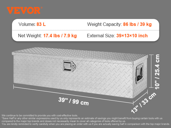 VEVOR truck bed tool box, 83l, 86 lbs capacity, 39x13x10 inches, aluminum, diamond tread pattern.