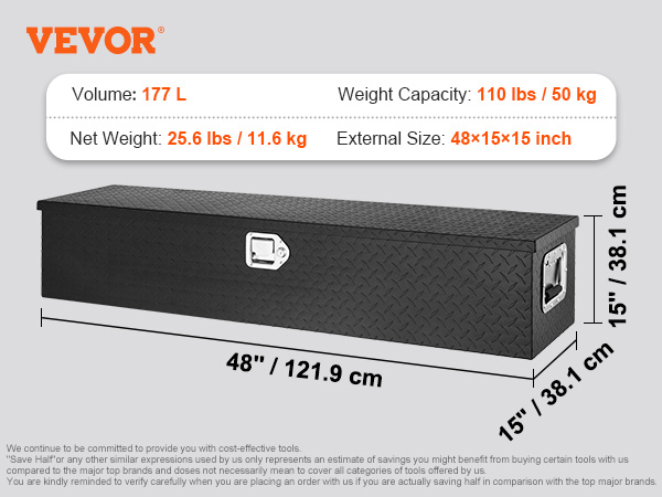 VEVOR kravas automašīnas bagāžnieka instrumentu kaste, 177l, 110 lbs ietilpība, 25,6 lbs svars, 48x15x15 collas, melna.