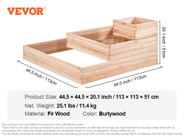 VEVOR raised garden bed, fir wood, 44.5×44.5×20.1 inches, burlywood color. net weight: 25.1 lbs.