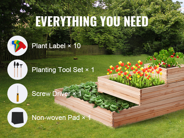 VEVOR raised garden bed with plants, tools, plant labels, screw driver, and non-woven pad on lawn.