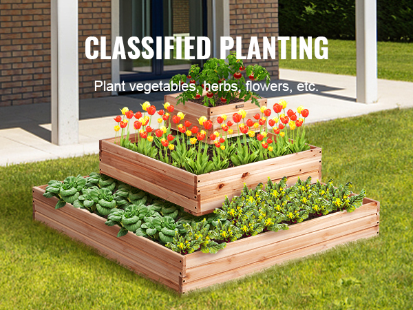 classified planting with a VEVOR raised garden bed, growing vegetables, herbs, and flowers in tiers.