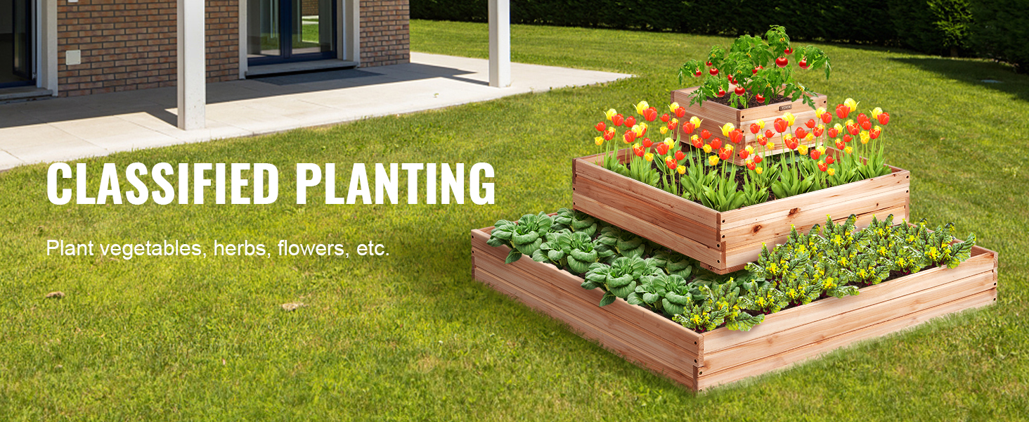 classified planting with a VEVOR raised garden bed, growing vegetables, herbs, and flowers in tiers.