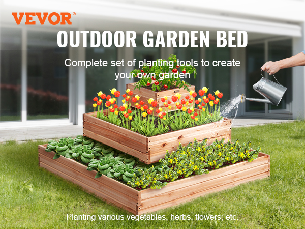 VEVOR raised garden bed filled with various plants and flowers in a backyard setting.