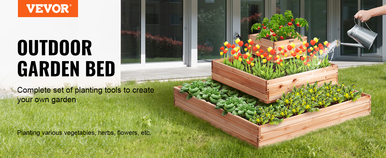 VEVOR raised garden bed filled with various plants and flowers in a backyard setting.