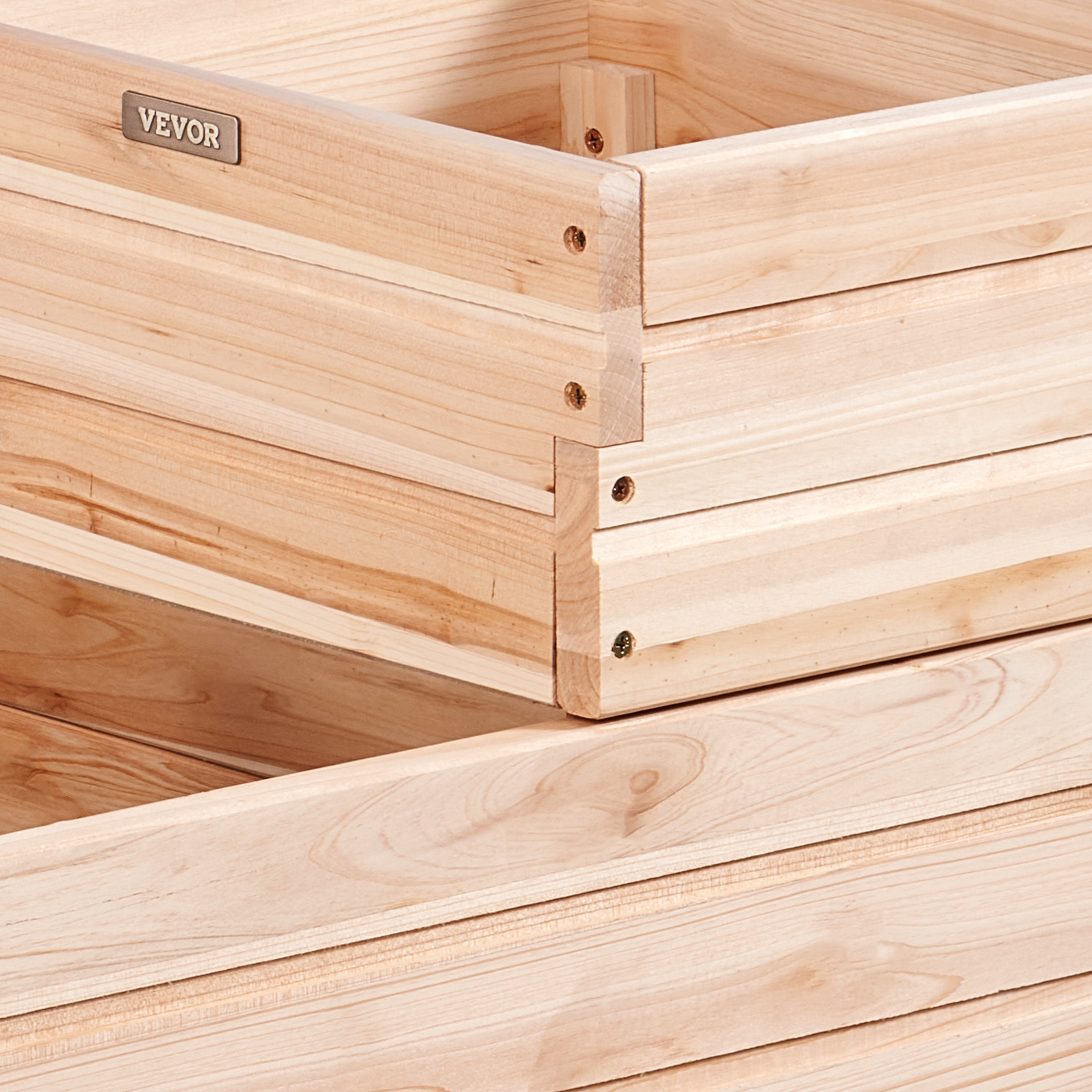 VEVOR raised garden bed with natural wooden planks and sturdy corner construction.