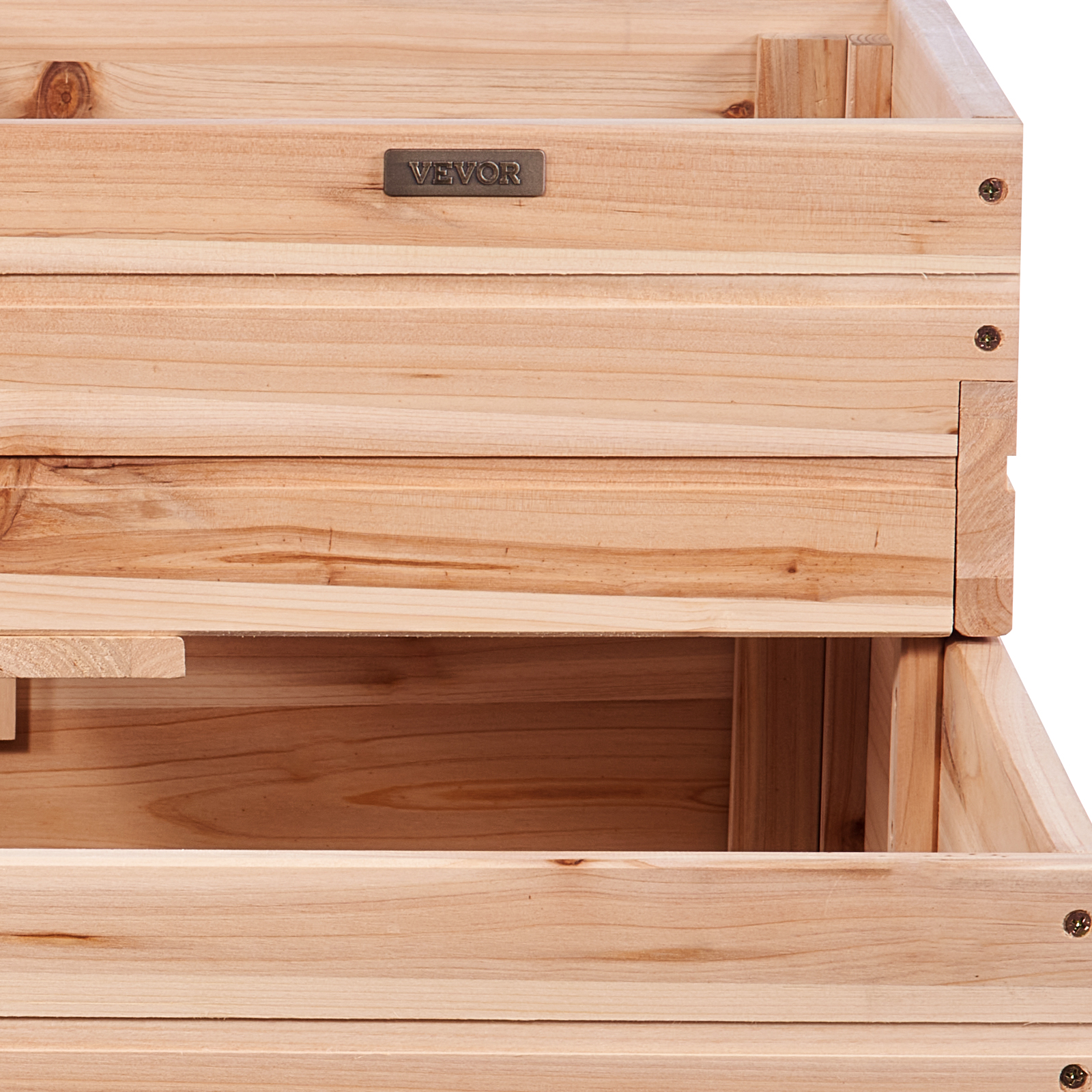 VEVOR raised garden bed with natural wood finish and metal corner brackets for sturdy construction.