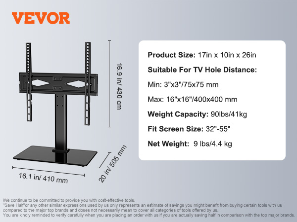 VEVOR tv stand mount with 90lbs capacity, fits 32"-55" screens, and measures 17"x10"x26".