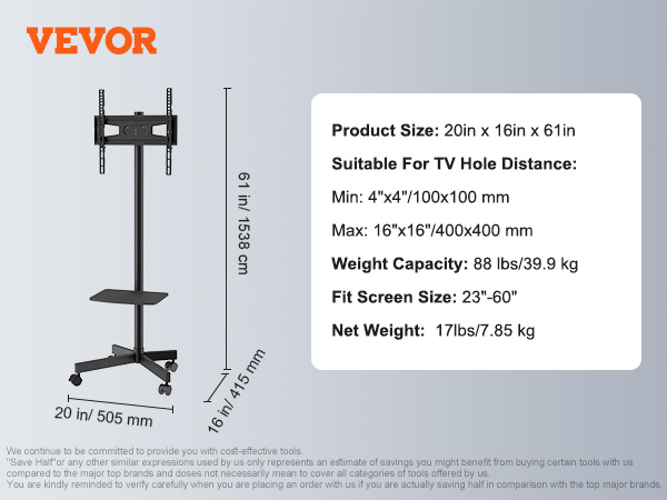 VEVOR mobile tv stand infographic with dimensions, weight capacity, and screen size compatibility details.