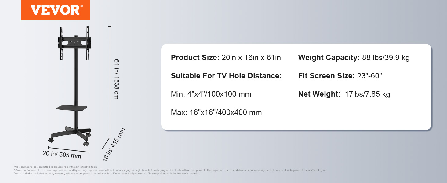 VEVOR mobile tv stand infographic with dimensions, weight capacity, and screen size compatibility details.