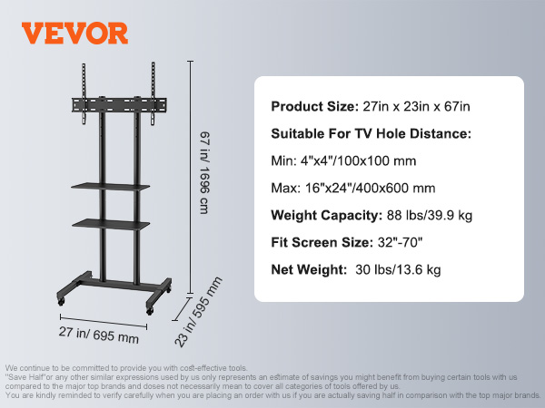 VEVOR mobile tv stand specifics: 27"x23"x67", supports 132lbs, fits 32"-70" screens, compatible mounts 100x100 to 400x600mm.