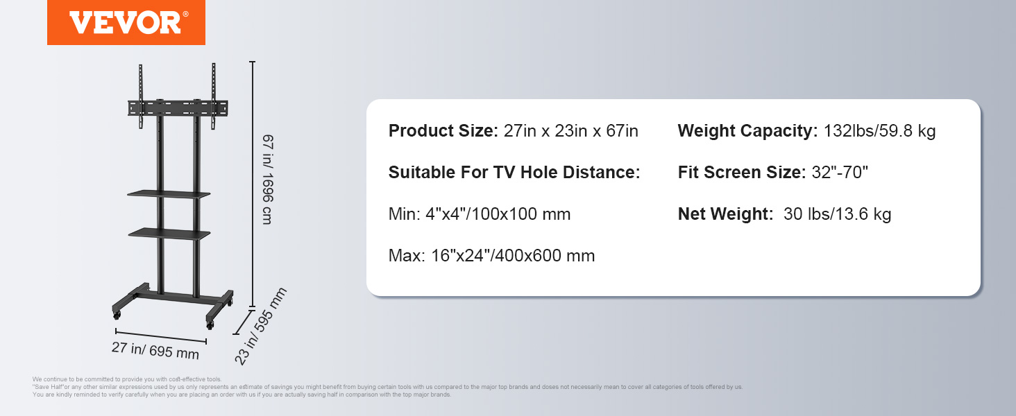 VEVOR mobile tv stand specifics: 27"x23"x67", supports 132lbs, fits 32"-70" screens, compatible mounts 100x100 to 400x600mm.