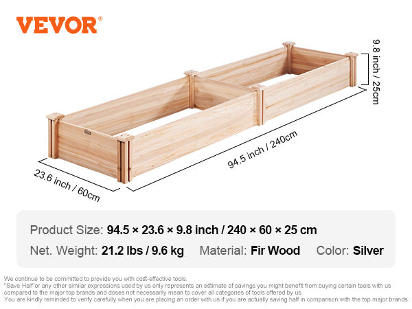 VEVOR raised garden bed in burlywood, 94.5x23.6x9.8 inches, with gardening tools and markers.