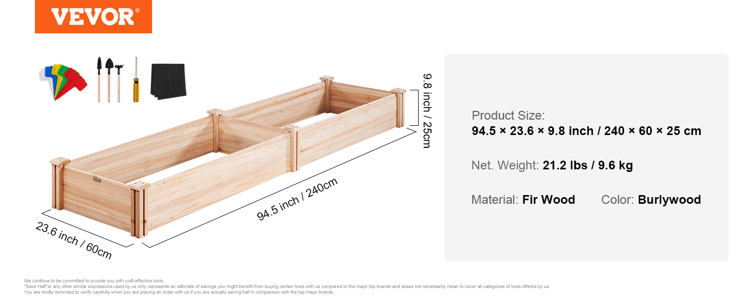 VEVOR raised garden bed in burlywood, 94.5x23.6x9.8 inches, with gardening tools and markers.